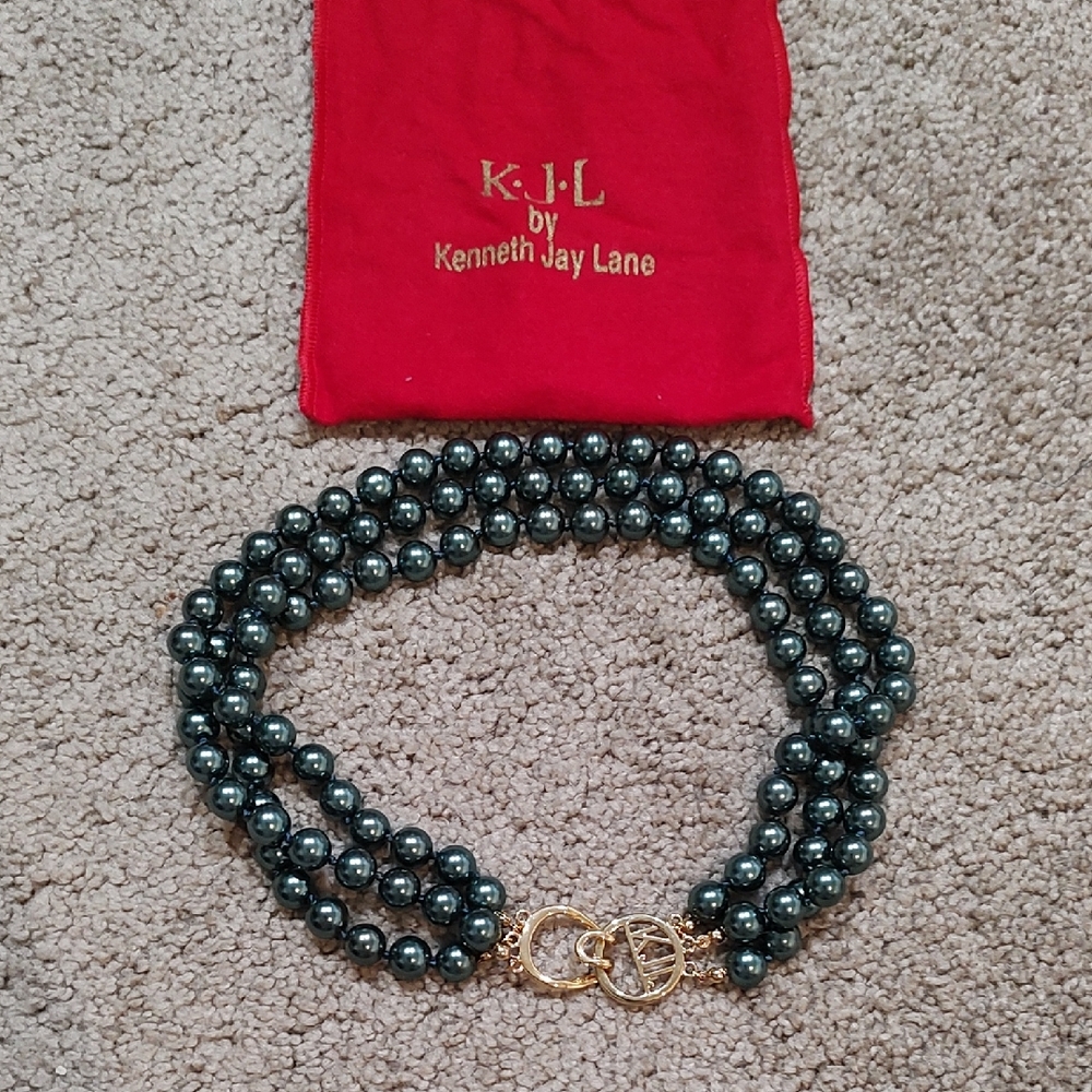 Kenneth Jay Lane Metallic Black Beaded Necklace with Gold Clasp